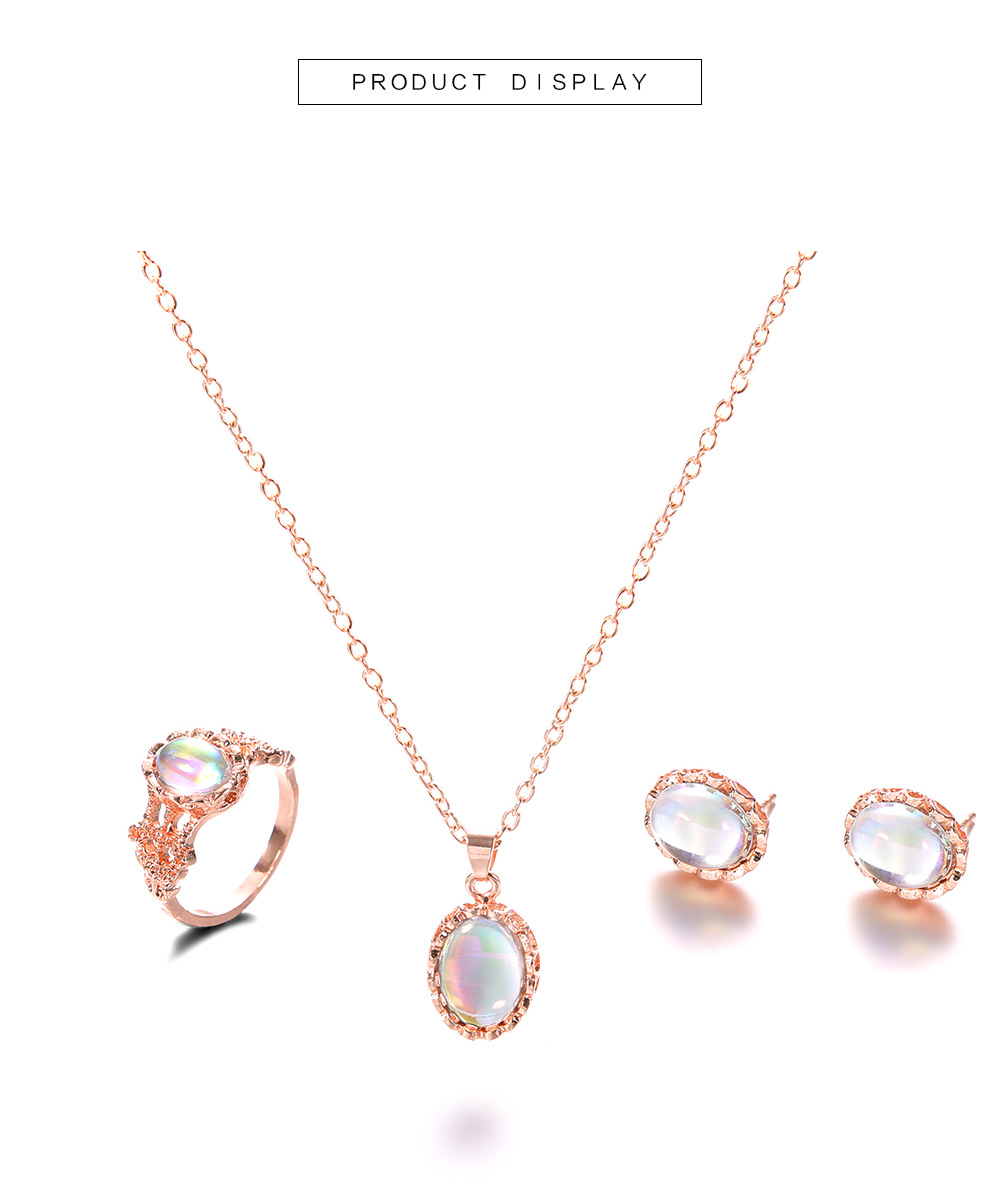 Shiny Stainless Steel Jewelry Sets with Oval Crystal Necklace Earrings Ring Bracelet Elegant Women Set