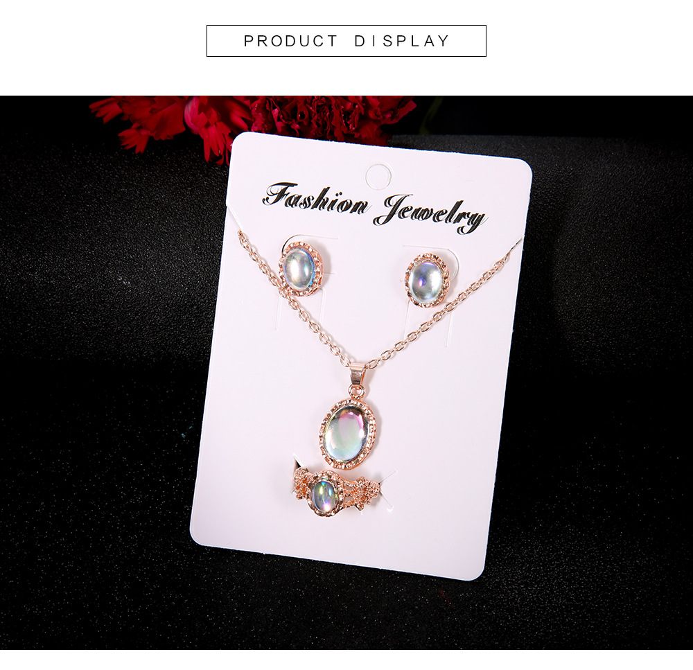 Shiny Stainless Steel Jewelry Sets with Oval Crystal Necklace Earrings Ring Bracelet Elegant Women Set