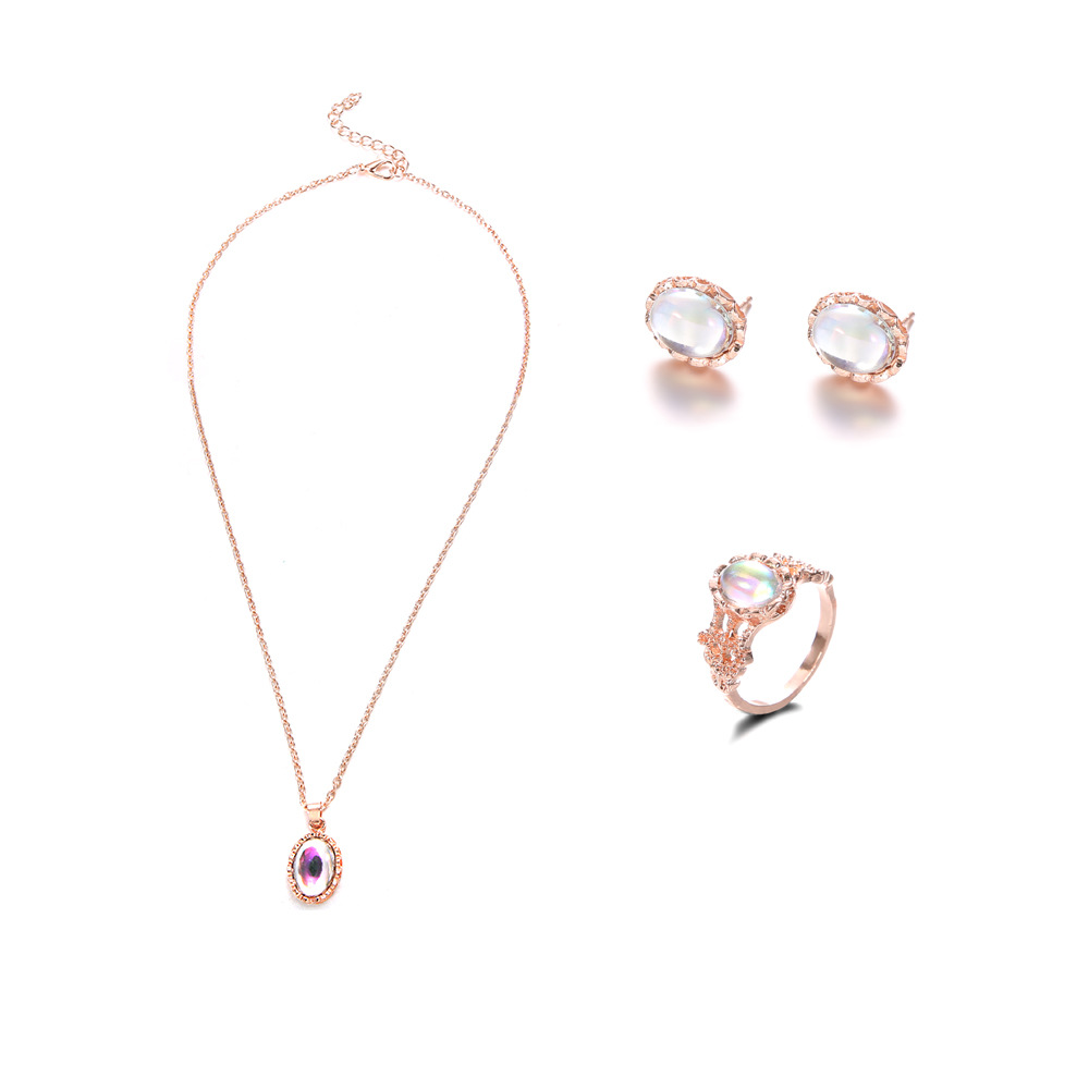 Shiny Stainless Steel Jewelry Sets with Oval Crystal Necklace Earrings Ring Bracelet Elegant Women Set
