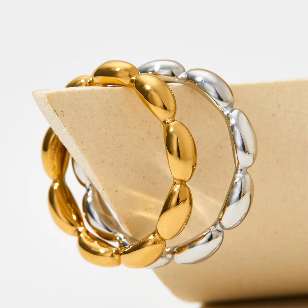 Silver & Gold Plated Oval Bead Stainless Steel Rings – Minimalist Wedding & Fashion Jewelry for Women