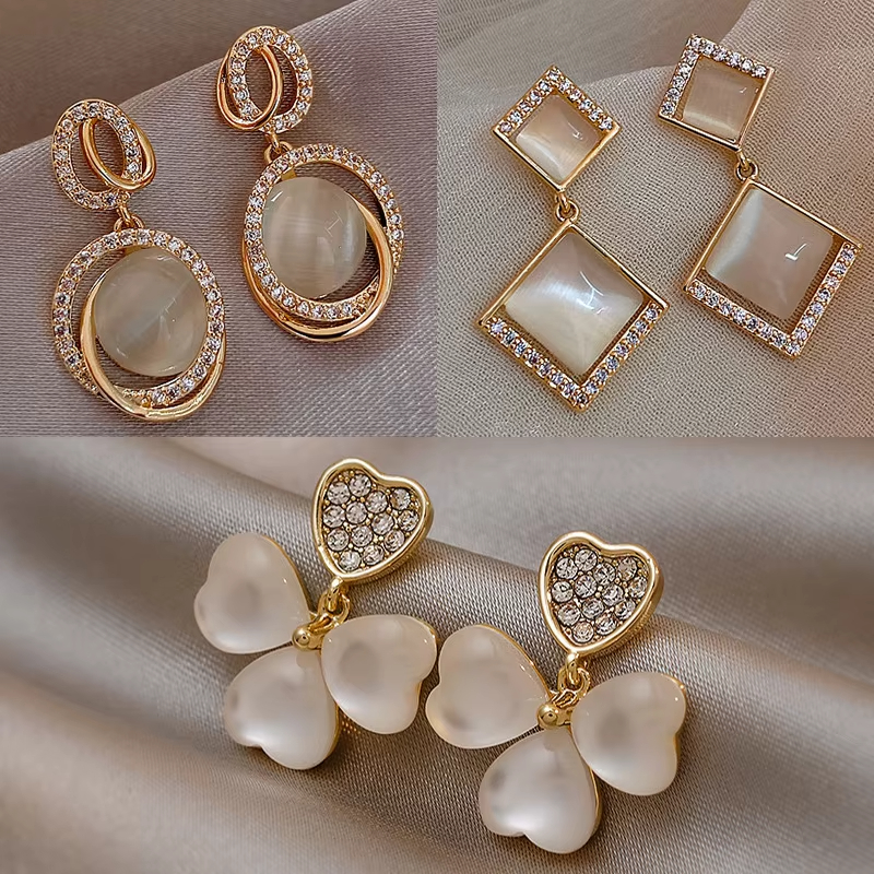 Silver Needle Geometric Opal Diamond Stud Korean Earrings With Clover Flowers Crystal Earrings Sunflower Earrings for Women