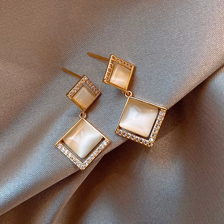 Silver Needle Geometric Opal Diamond Stud Korean Earrings With Clover Flowers Crystal Earrings Sunflower Earrings for Women