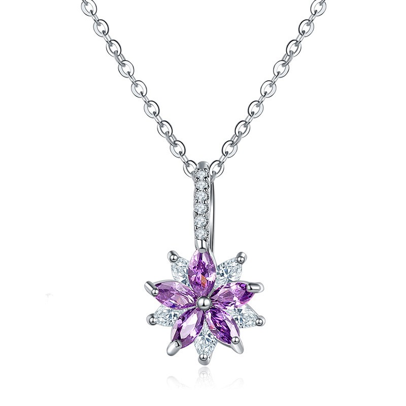 Silver-Tone Purple Crystal Flower Pendant Necklace