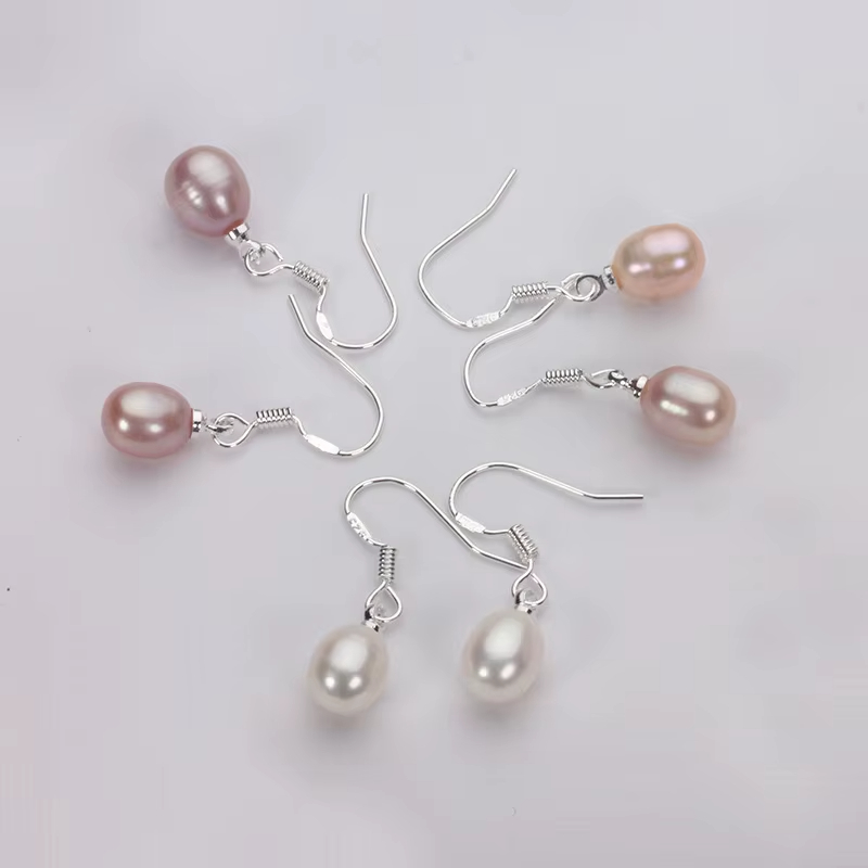 Silvertone White Pink Cultured Natural Freshwater Rice Pearl Earring Water Drop Ear Hook S925 Sterling Silver Fashion Earrings