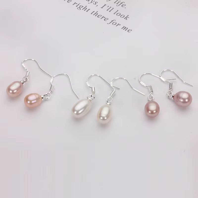 Silvertone White Pink Cultured Natural Freshwater Rice Pearl Earring Water Drop Ear Hook S925 Sterling Silver Fashion Earrings