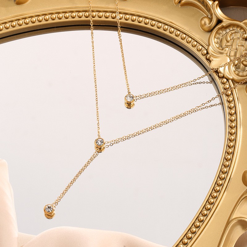 Elegant Layered Titanium Steel Y Necklace with Crystal Pendants