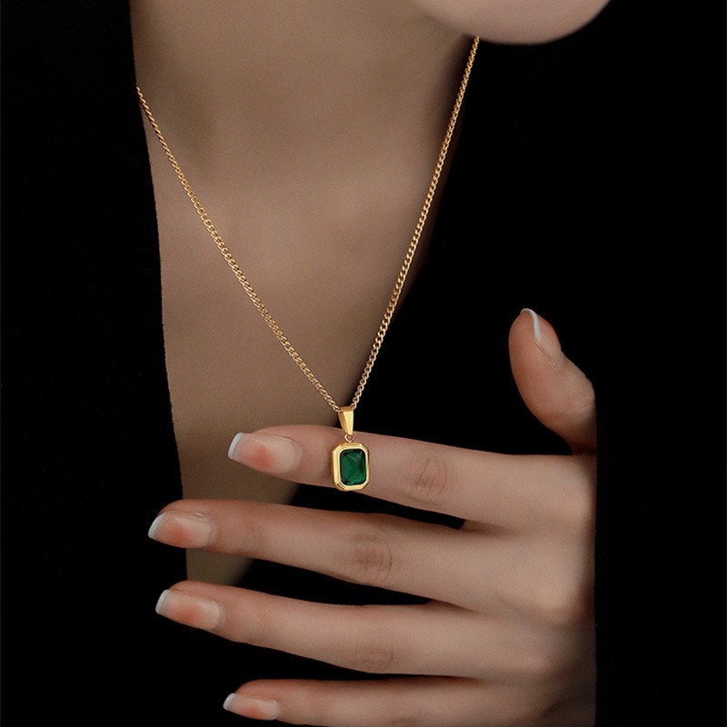 Elegant Gold Plated Titanium Necklace with Green Gemstone Pendant