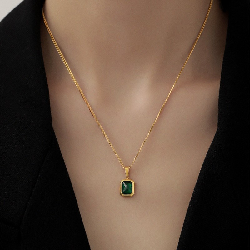 Elegant Gold Plated Titanium Necklace with Green Gemstone Pendant