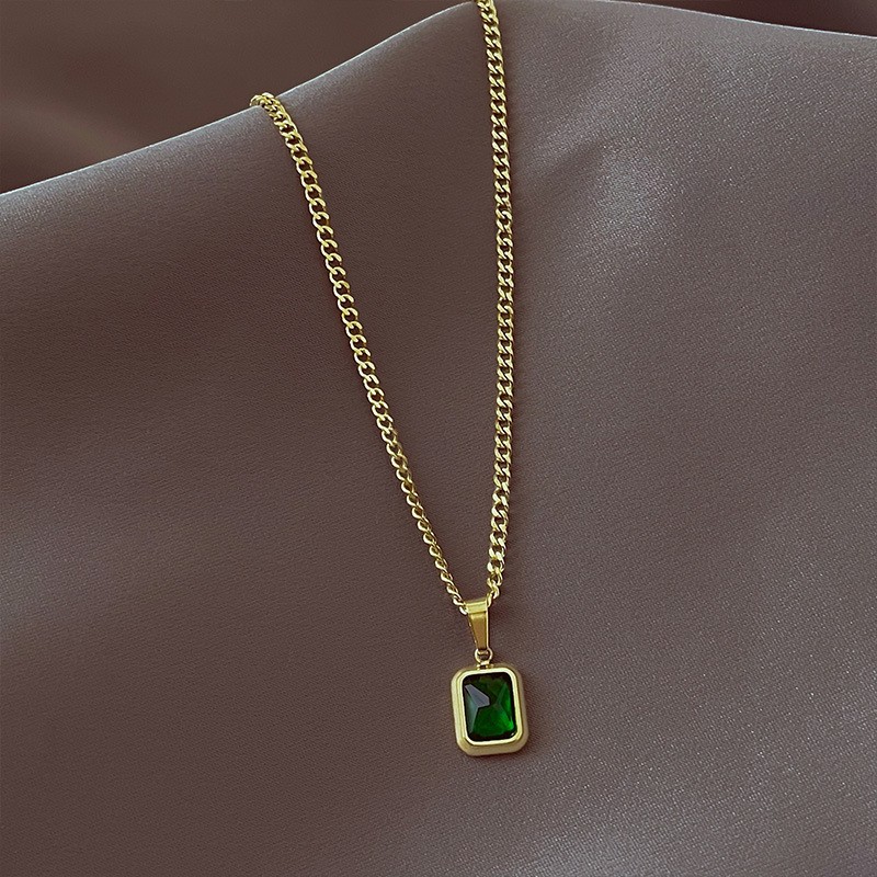 Elegant Gold Plated Titanium Necklace with Green Gemstone Pendant