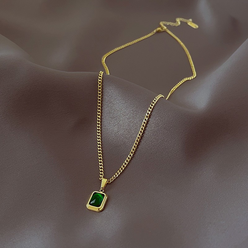 Elegant Gold Plated Titanium Necklace with Green Gemstone Pendant
