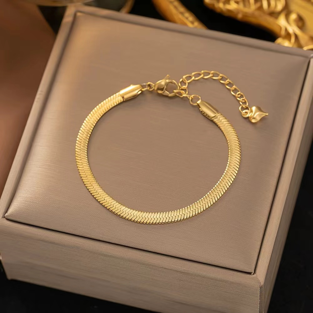 Sleek 18K Gold-Plated Herringbone Chain Bracelet - Flat Snake Chain Jewelry for Women
