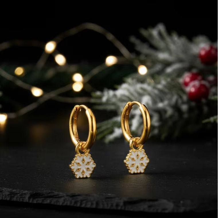 Snowflake Dangle Earrings White Enamel Christmas Earring Gold Plated Stainless Steel Hoop Style Jewelry for Women Holiday Gift