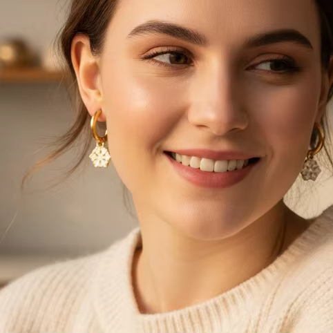 Snowflake Dangle Earrings White Enamel Christmas Earring Gold Plated Stainless Steel Hoop Style Jewelry for Women Holiday Gift