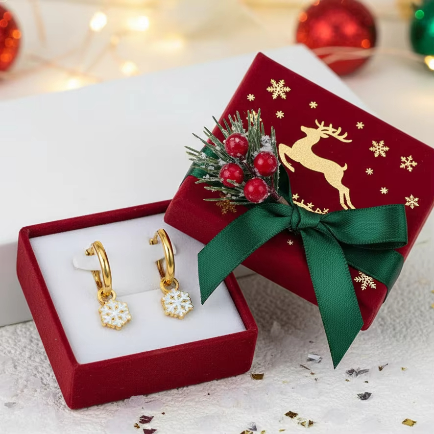 Snowflake Dangle Earrings White Enamel Christmas Earring Gold Plated Stainless Steel Hoop Style Jewelry for Women Holiday Gift