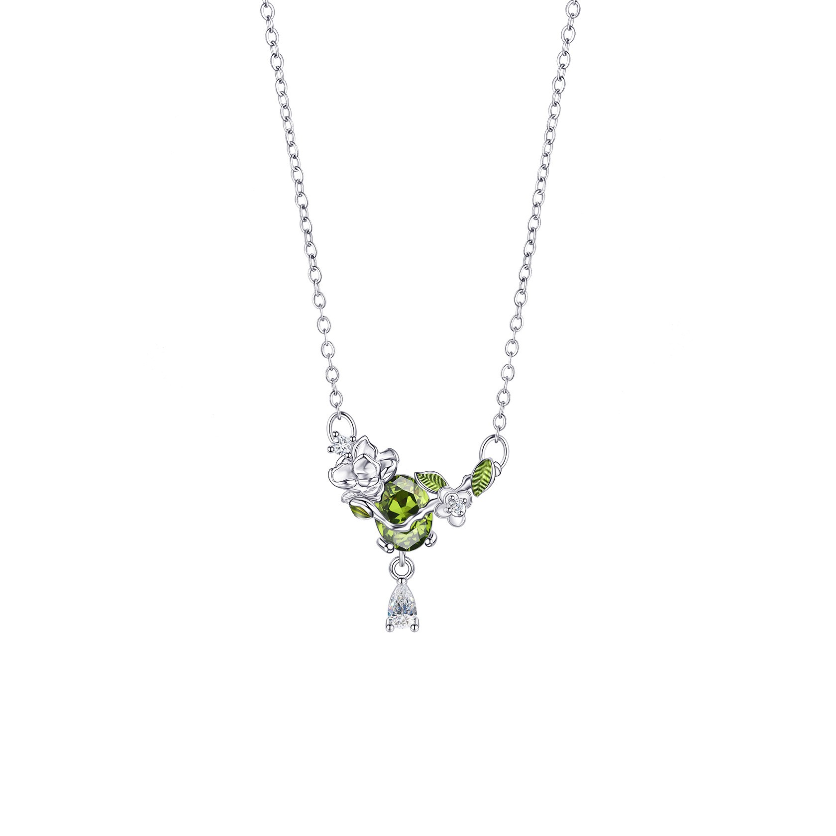 Spring Butterfly Flower Green Zircon Necklace for Women – Elegant Floral Pendant Dainty Stainless Steel O Chain Clavicle Necklace