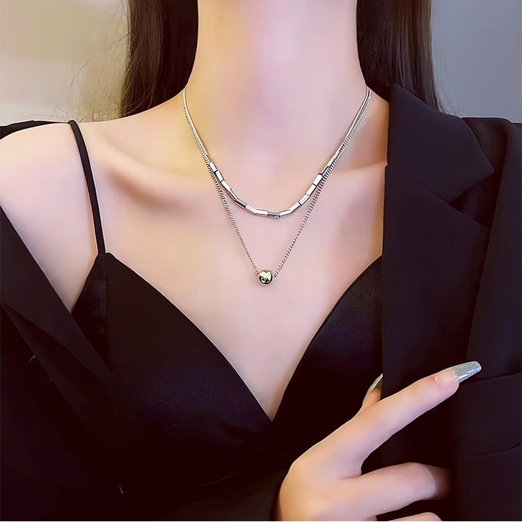 Minimalist Double-Layer Titanium Steel Necklace – Elegant Geometric & Ball Pendant Design