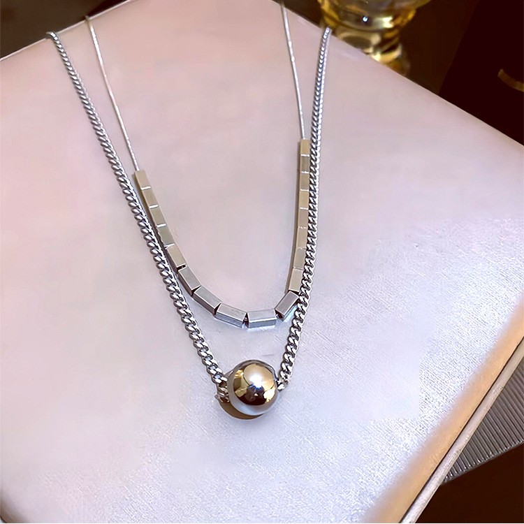 Minimalist Double-Layer Titanium Steel Necklace – Elegant Geometric & Ball Pendant Design