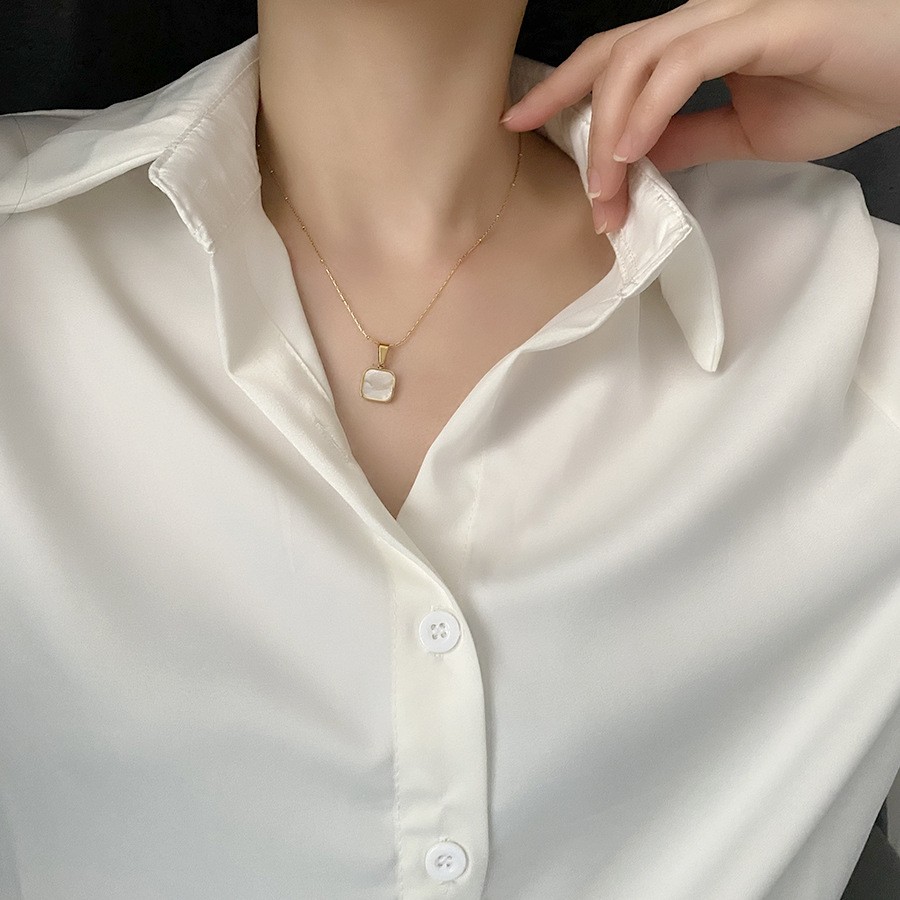 Elegant Square White Pendant Necklace for Women – Titanium Steel Minimalist Jewelry