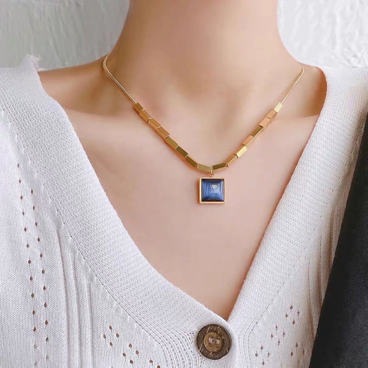 Geometric Gold Titanium Steel Necklace with Framed Square Pendant