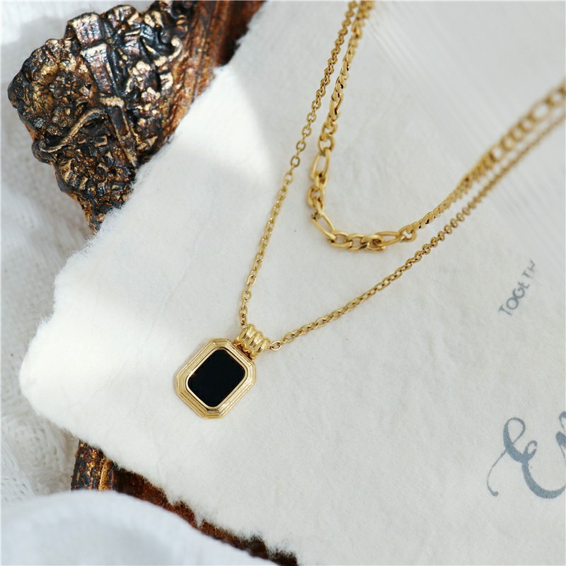 Layered Gold Titanium Steel Necklace with Black Pendant