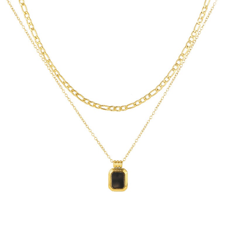Layered Gold Titanium Steel Necklace with Black Pendant