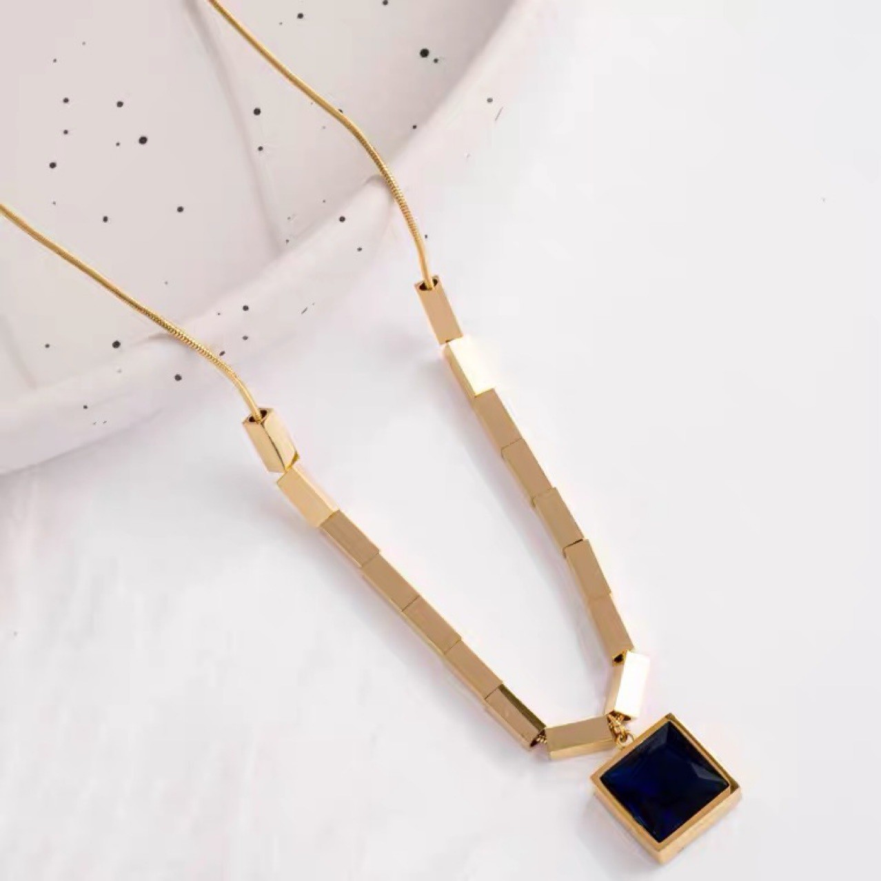 Geometric Gold Titanium Steel Necklace with Framed Square Pendant