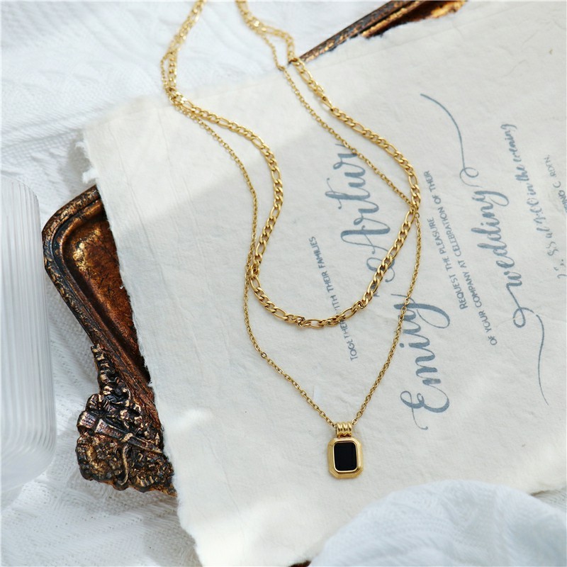 Layered Gold Titanium Steel Necklace with Black Pendant