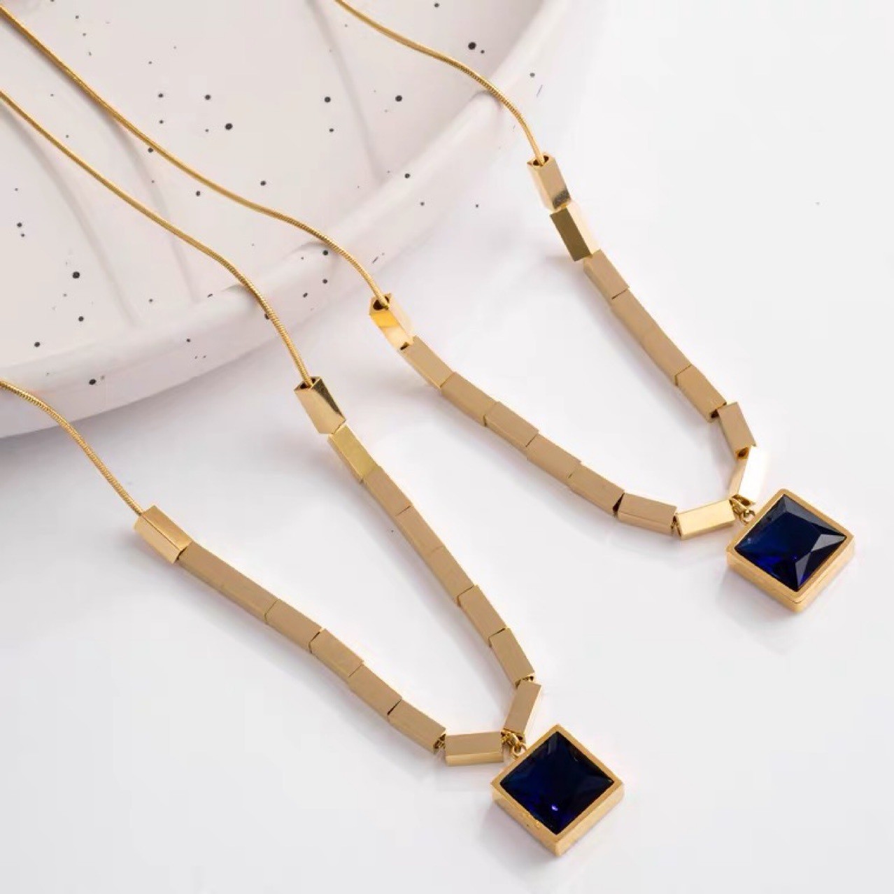 Geometric Gold Titanium Steel Necklace with Framed Square Pendant