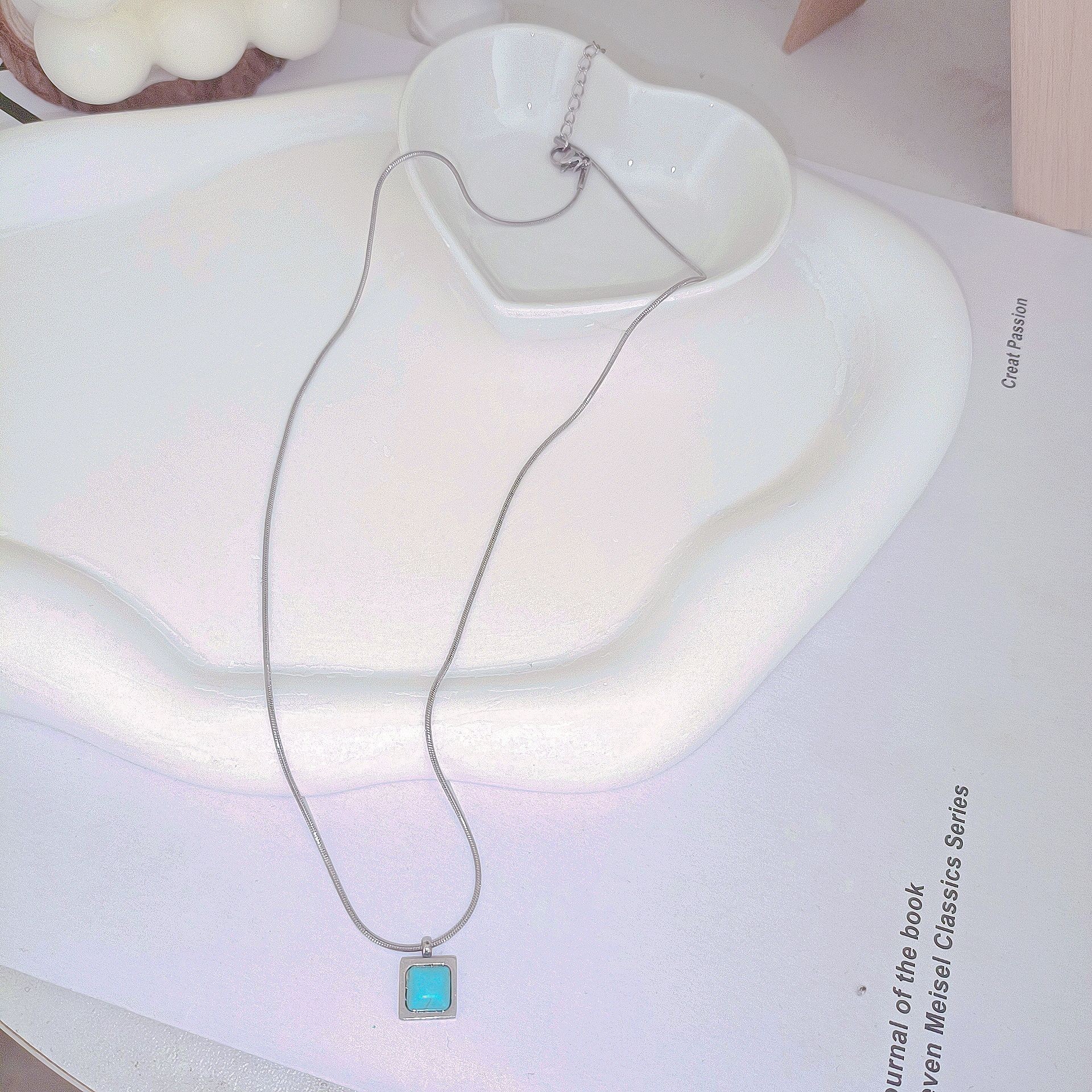Square Blue Stone Titanium Steel Pendant Necklace – Elegant Minimalist Jewelry