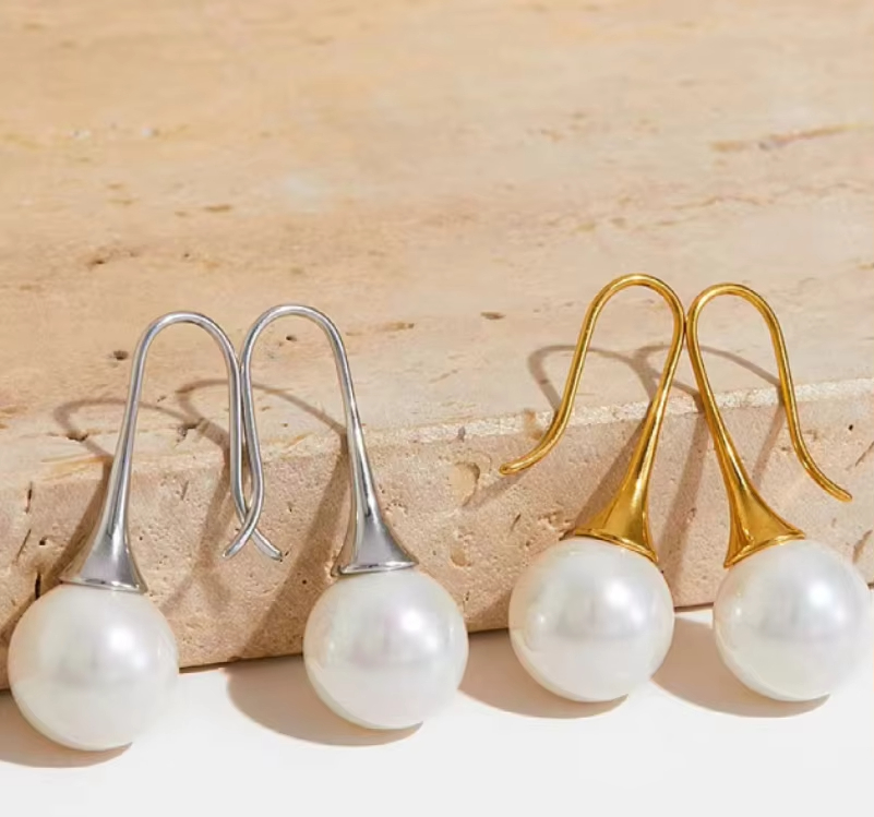 Stainless Steel 18K Gold Color Plated Hook Earrings Imitation Pearl Drop Earrings Teardrop-Shaped Pearl Earrings for Women