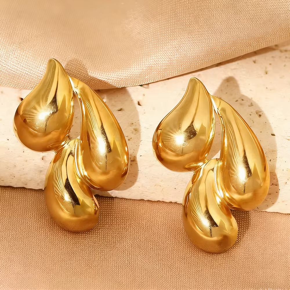 Stainless Steel 18K Gold Plated Simple Overlapping Water Drop Stud Earrings Fashion Elegant Niche Earrings Women Tarnish Free