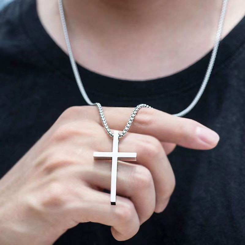 Stainless Steel Cross Pendant Necklace for Men Women with 60cm Chain, Polished Silver Black Minimalist Jewelry