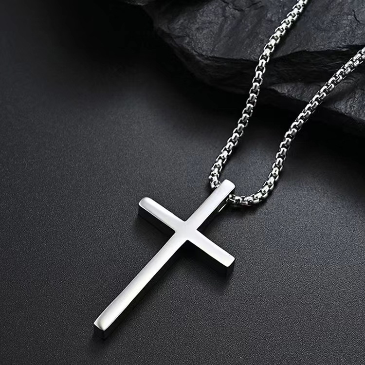 Stainless Steel Cross Pendant Necklace for Men Women with 60cm Chain, Polished Silver Black Minimalist Jewelry