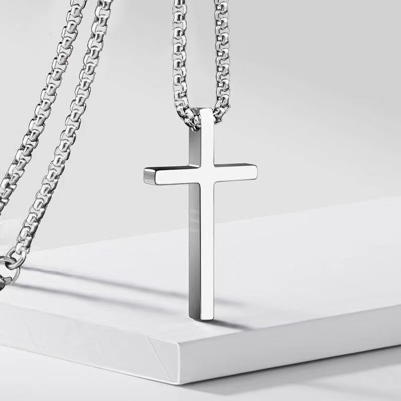 Stainless Steel Cross Pendant Necklace for Men Women with 60cm Chain, Polished Silver Black Minimalist Jewelry