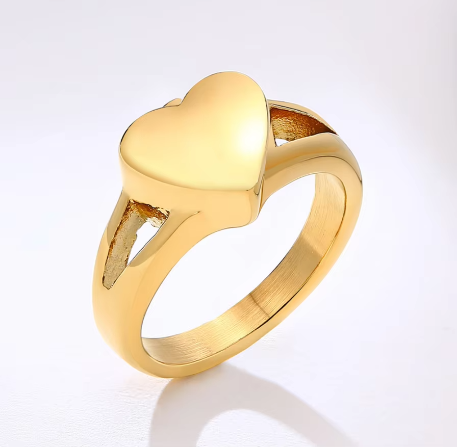 Stainless Steel Custom Engravable 18K Gold Plated Cremation Ashes Heart Urn Ring for Women – Memorial Jewelry for Human or Pet