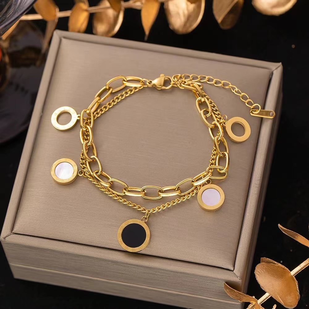 Stainless Steel Double Layer Bracelet with Colorful Round Pendants