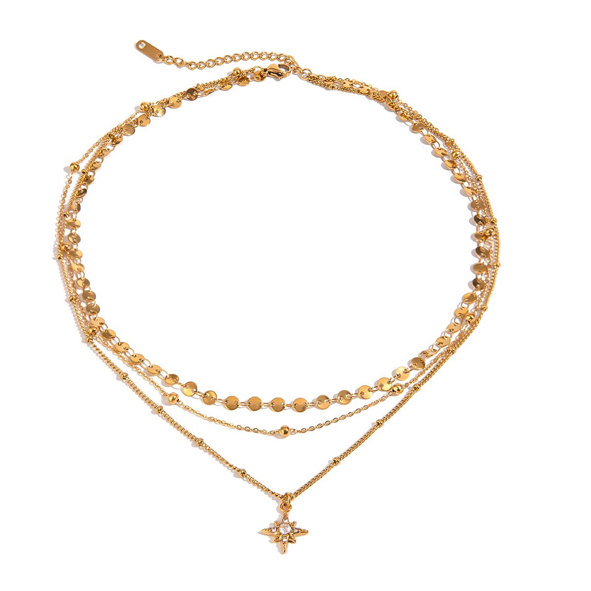 Stainless Steel Four-Point Star Triple Layer Pendant Necklace