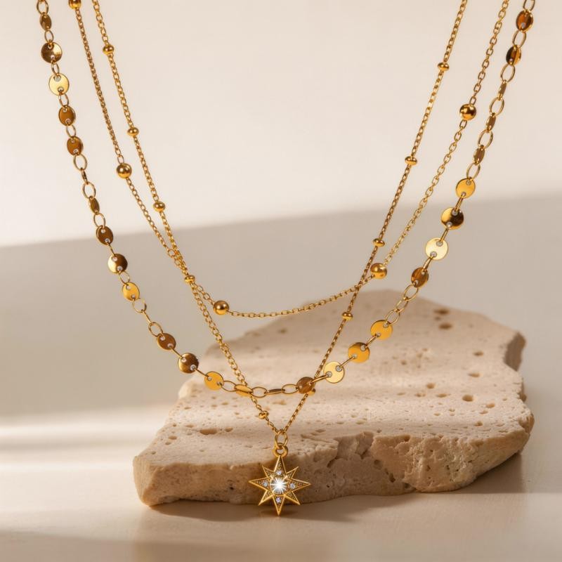 Stainless Steel Four-Point Star Triple Layer Pendant Necklace