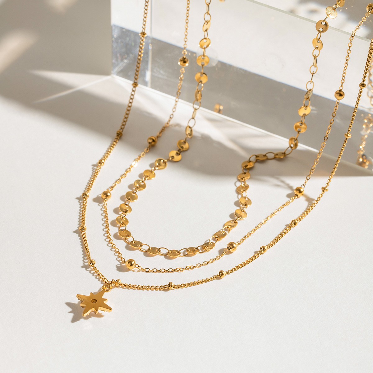 Stainless Steel Four-Point Star Triple Layer Pendant Necklace