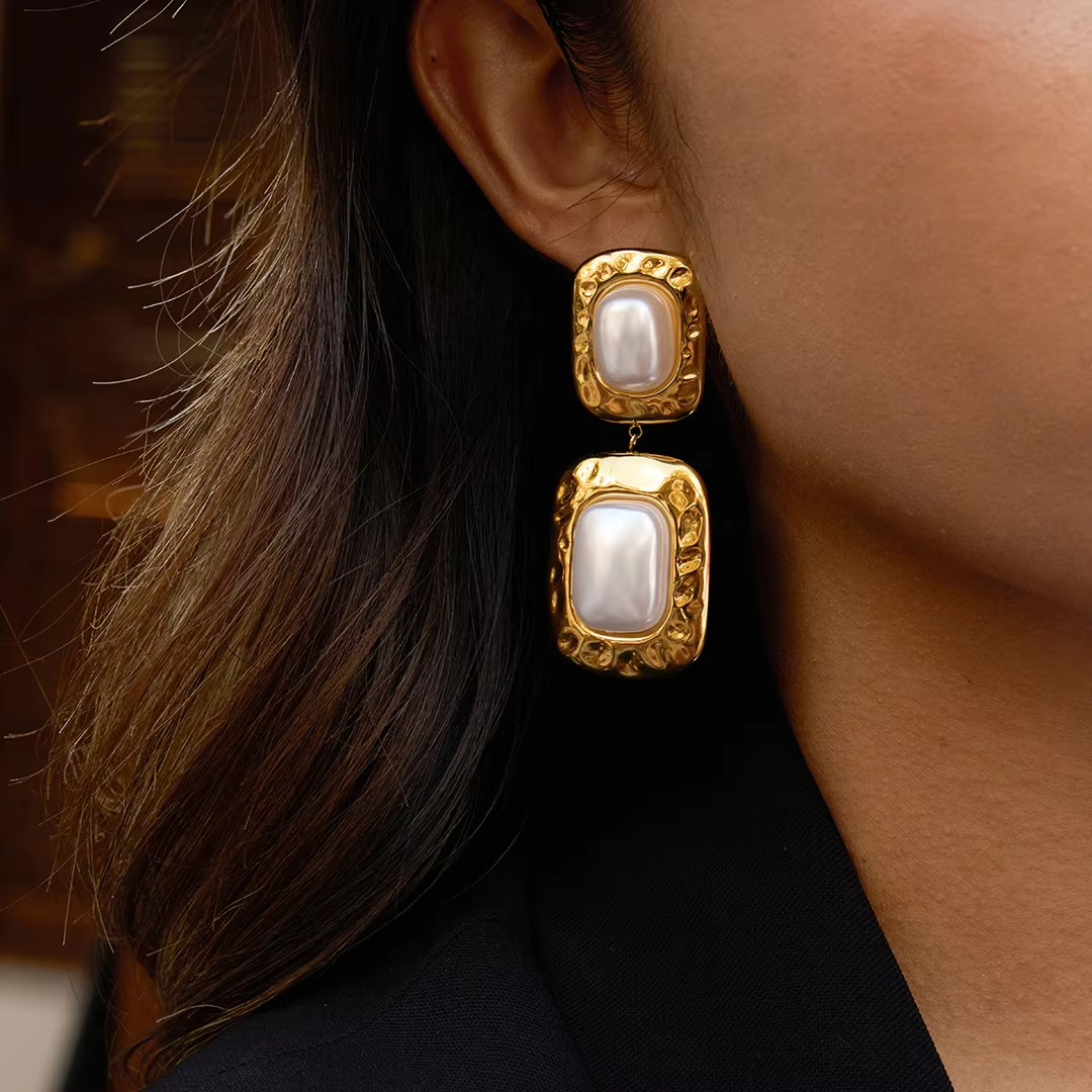 Stainless Steel Geometric Drop Earrings Gold-Plated Imitation Pearl Women's Anniversary Light Luxury
