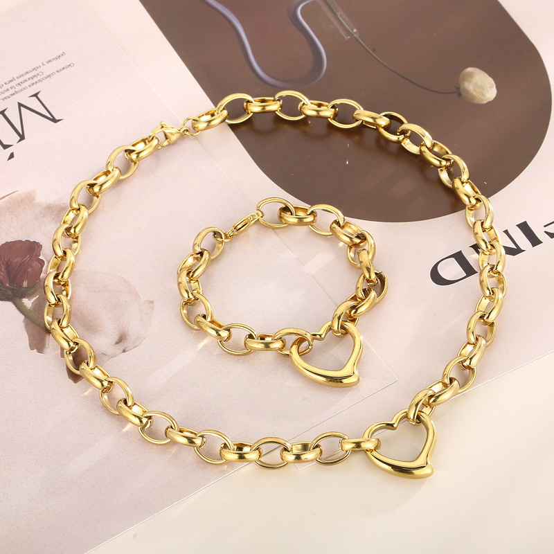 Stainless Steel Jewelry Sets Gold Heart Necklace Bracelet Set Waterproof Tarnish Free Hypoallergenic Gift