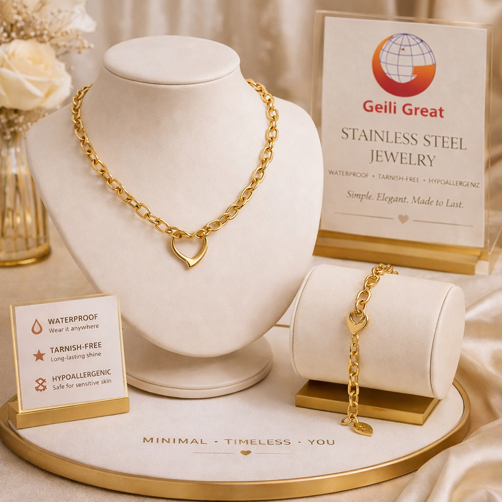 Stainless Steel Jewelry Sets Gold Heart Necklace Bracelet Set Waterproof Tarnish Free Hypoallergenic Gift