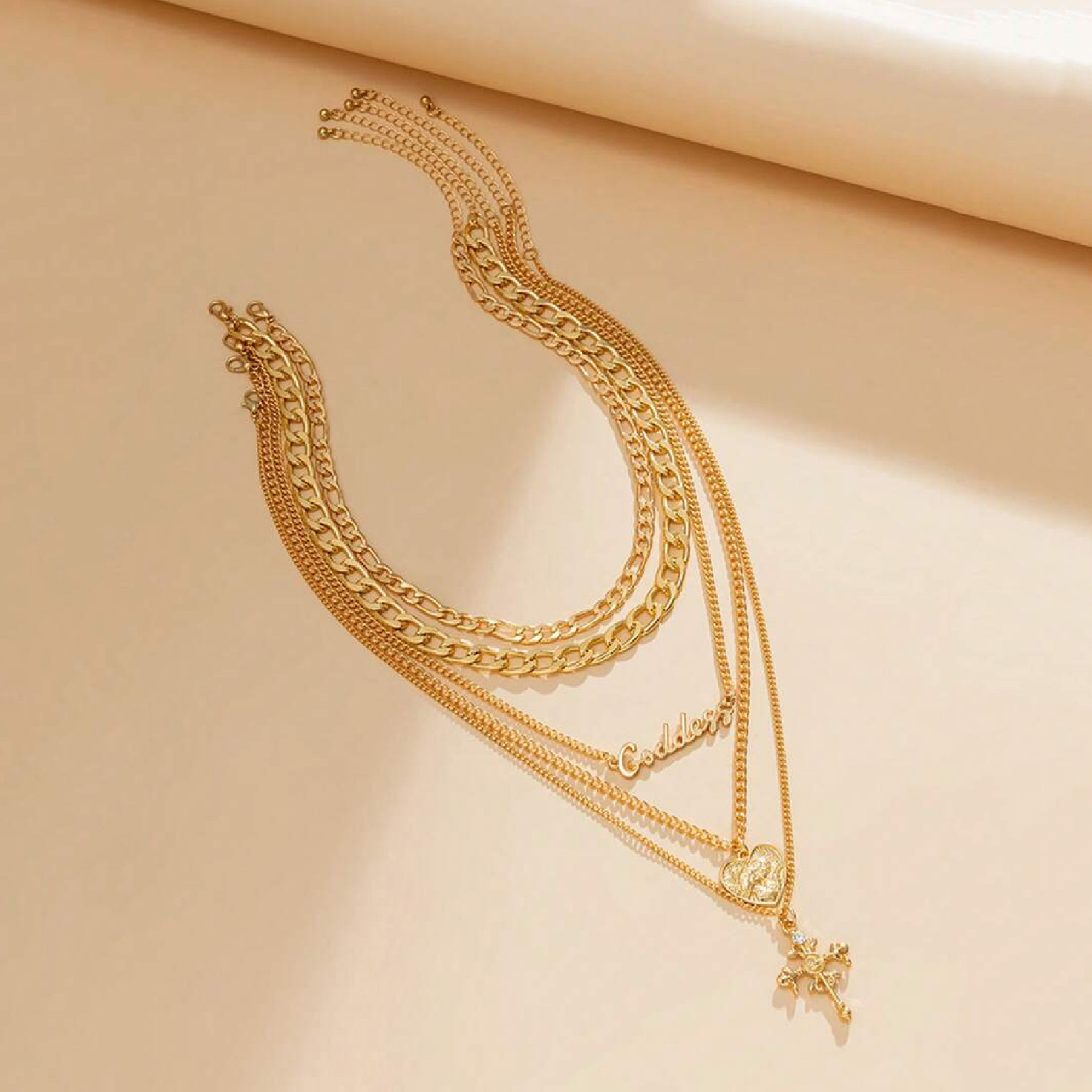 Stainless Steel Gold Layered Cross Letter Necklace Set for Women, Goddess Name Multi Chain Pendant Choker Jewelry