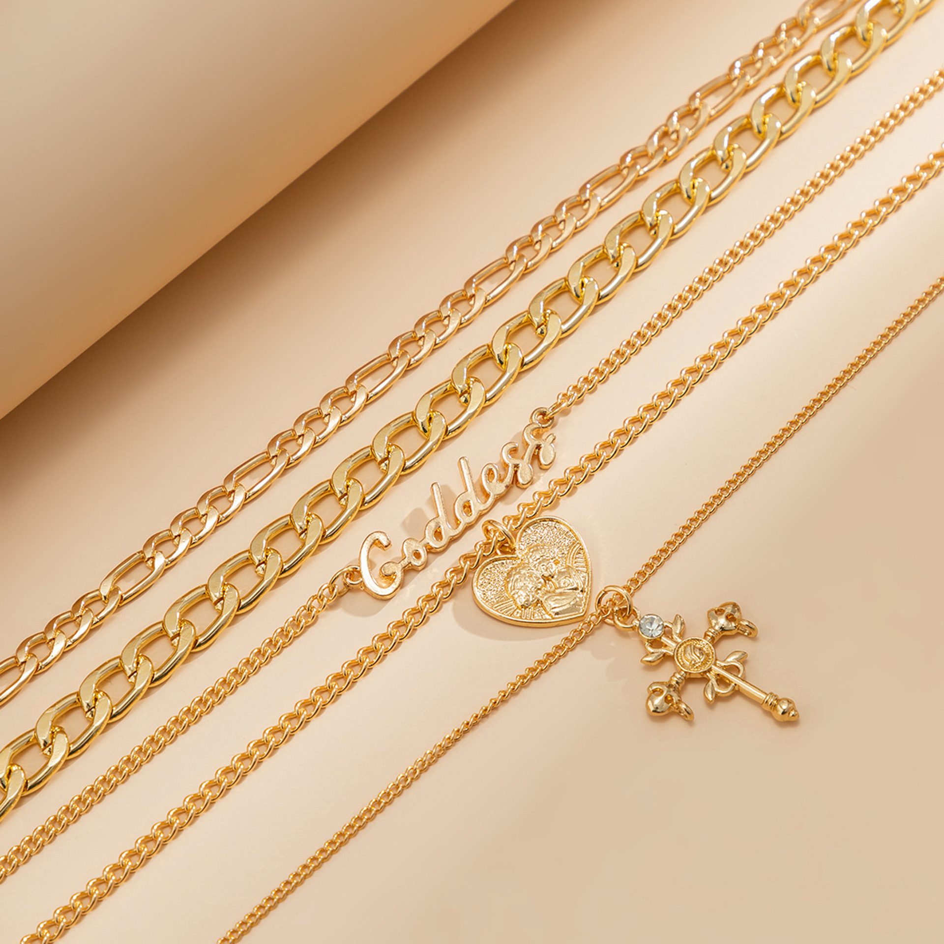 Stainless Steel Gold Layered Cross Letter Necklace Set for Women, Goddess Name Multi Chain Pendant Choker Jewelry