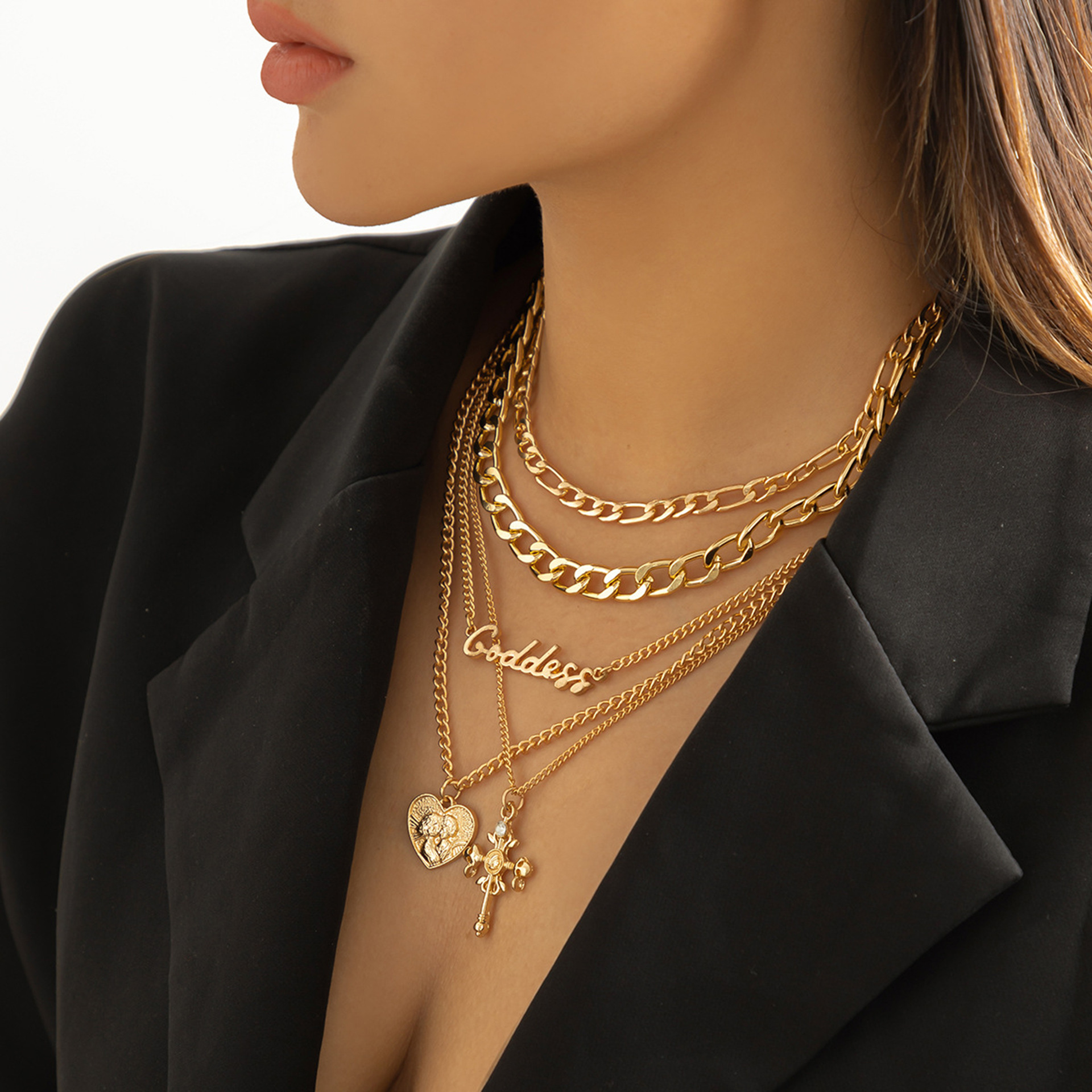 Stainless Steel Gold Layered Cross Letter Necklace Set for Women, Goddess Name Multi Chain Pendant Choker Jewelry