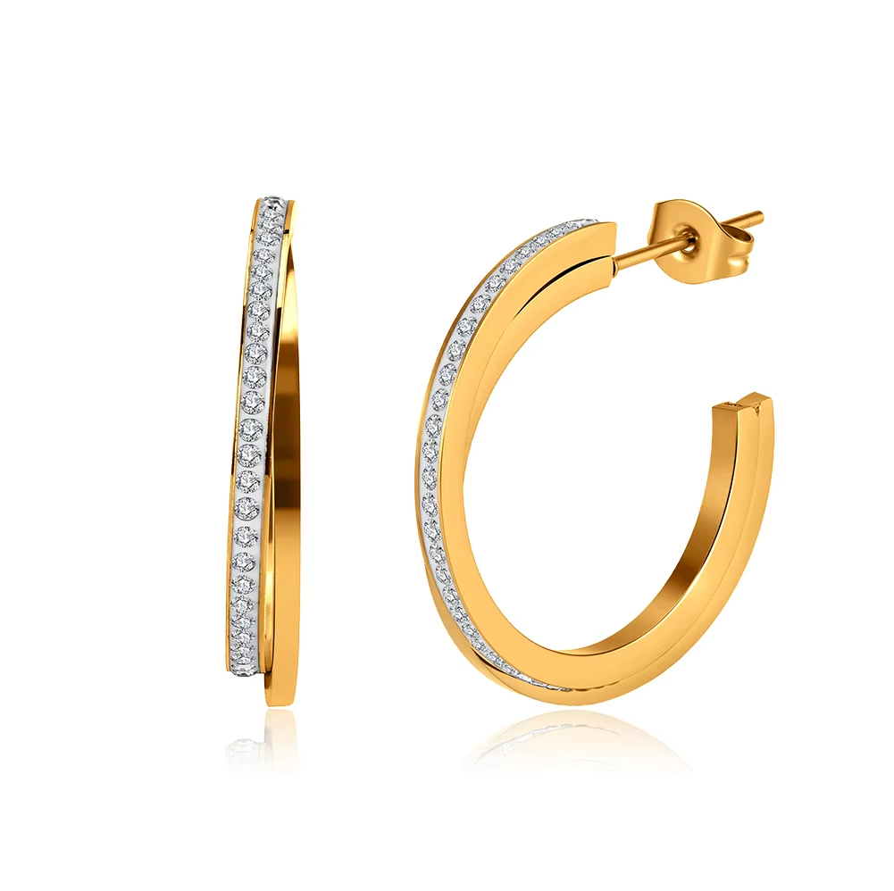 Stainless Steel Gold Plated Cubic Zirconia C-Hoop Earrings 27mm Handmade Fine Jewelry for Women