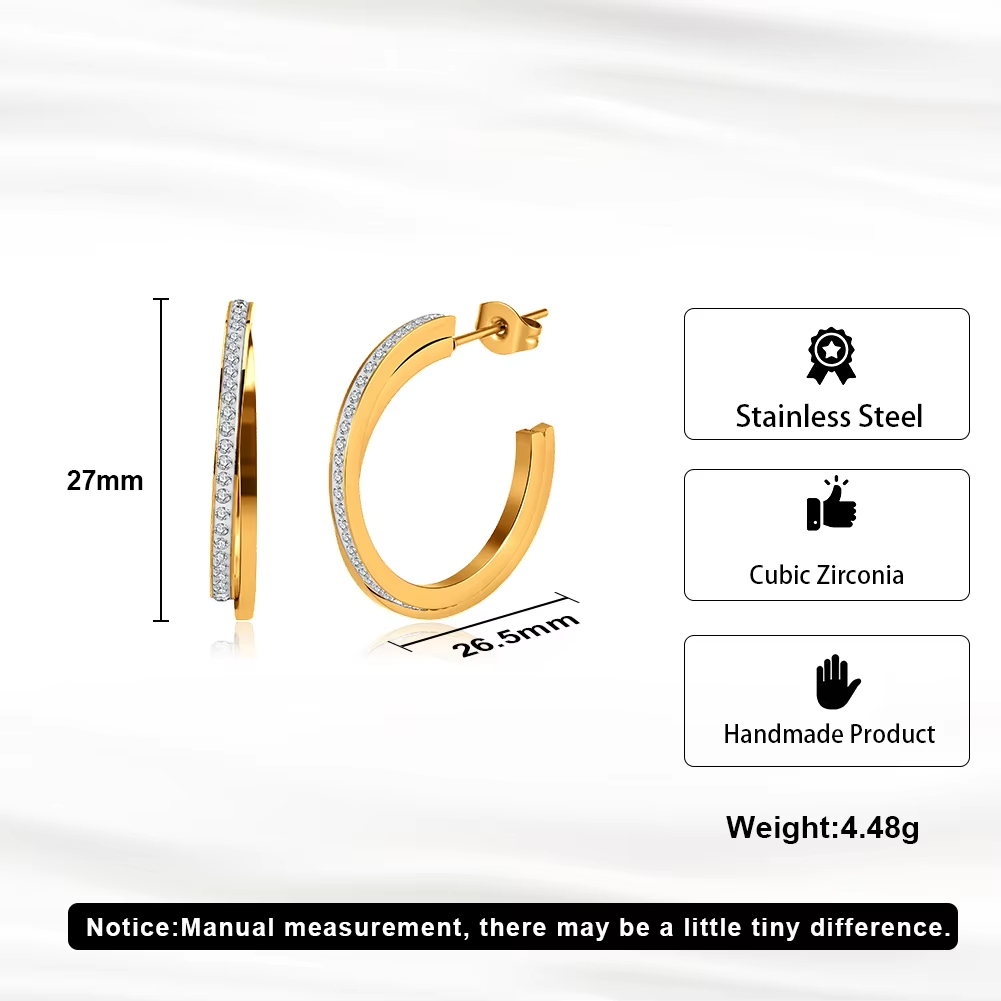 Stainless Steel Gold Plated Cubic Zirconia C-Hoop Earrings 27mm Handmade Fine Jewelry for Women