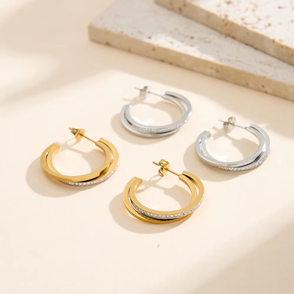 Stainless Steel Gold Plated Cubic Zirconia C-Hoop Earrings 27mm Handmade Fine Jewelry for Women