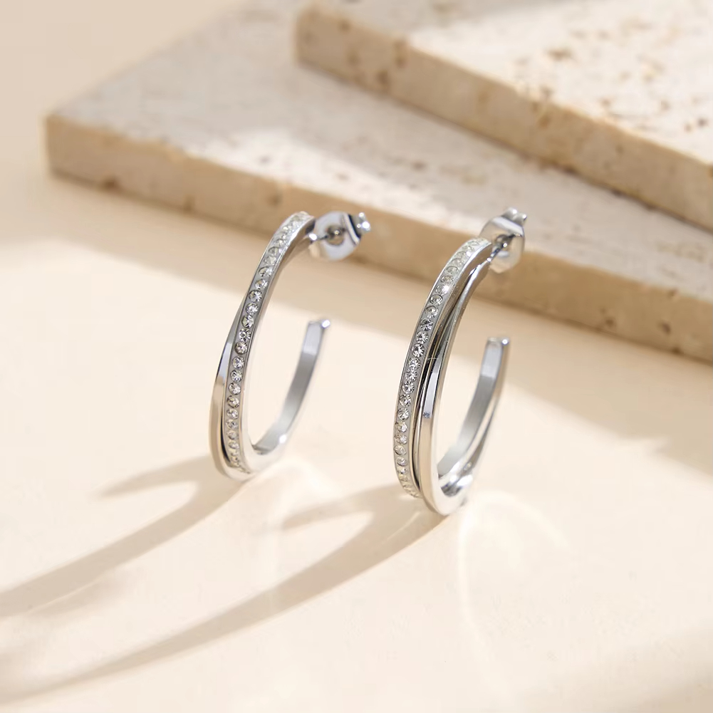 Stainless Steel Gold Plated Cubic Zirconia C-Hoop Earrings 27mm Handmade Fine Jewelry for Women