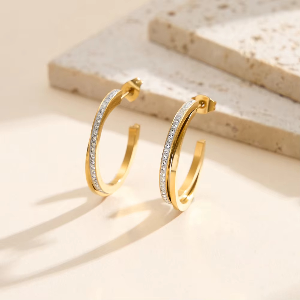 Stainless Steel Gold Plated Cubic Zirconia C-Hoop Earrings 27mm Handmade Fine Jewelry for Women
